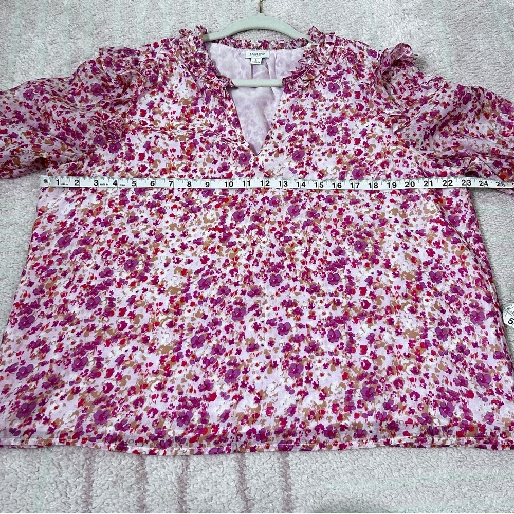 J. Crew Pink Floral Long Sleeve Ruffle Blouse Size Large Valentines Day Office - Picture 7 of 11